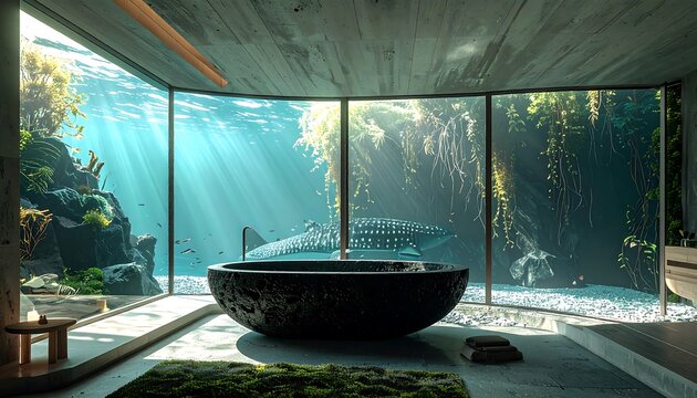 An extraordinary 3D architectural rendering of a serene underwater spa room, centered around a majestic freestanding bathtub masterfully carved from natural stone. 
