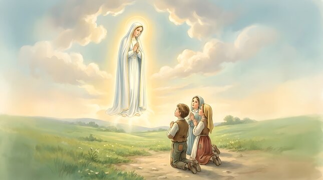 Nossa Senhora de F&aacute;tima, Respectful Catholic Devotional Illustration Inspired by Our Lady of Fatima