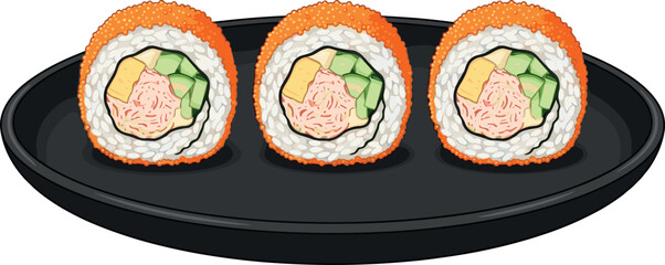 Fresh Japanese Sushi Roll Set with Tobiko, Crab, Avocado, and Rice Served on Black Plate for Asian Restaurant Menu and Food Designs © Rtazmina
