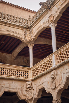 Salamanca, Spain - 29 November 2025: View of the ornate courtyard of the Casa de las Conchas featuring intricate stone carvings, Plateresque arches, and historic coats of arms.