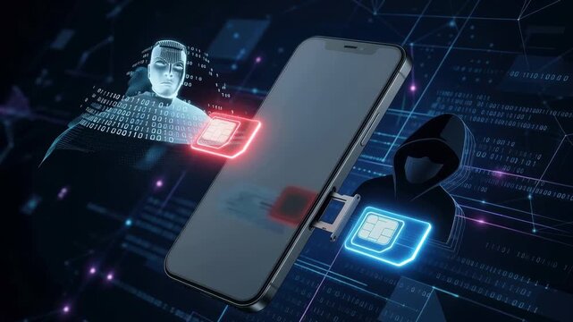 A hacker uses a smartphone to steal personal data in a digital environment showing security risks and threats that exist today.