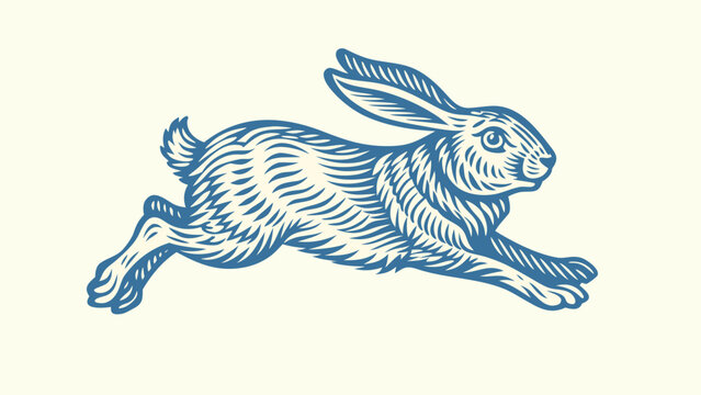 Running hare illustration vintage engraved style on cream background