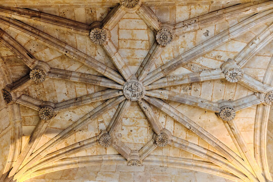 Salamanca, Spain - 29 November 2025: View of the ornate Gothic vaulted ceiling with stone ribs and decorative floral bosses at the University of Salamanca.
