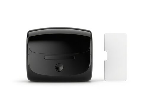 A black electronic device with a card reader slot and a card next to it.