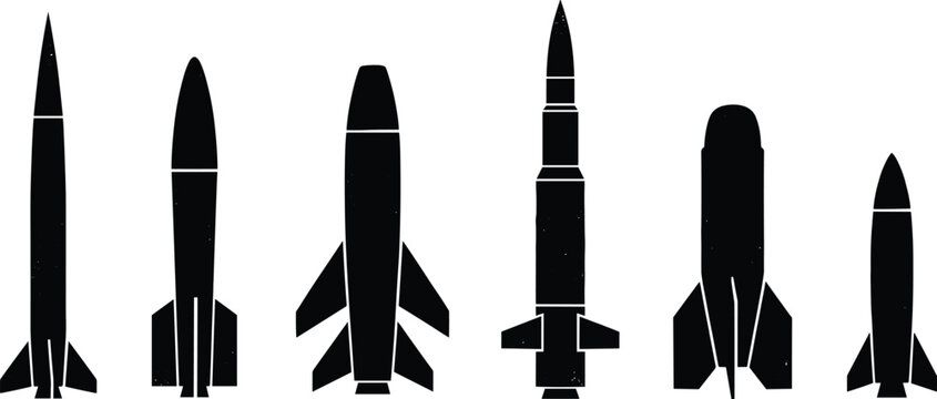 Silhouette illustration of multiple rocket and missile designs showing diverse aerodynamic structures and fin configurations