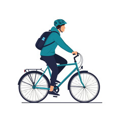 Naklejka premium Flat vector illustration of a male cyclist riding a teal commuter bicycle, wearing a blue helmet, hoodie, and backpack with a water bottle, side view isolated on white background.