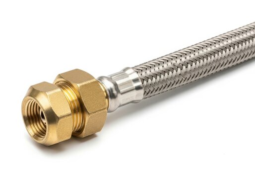 A close-up view of a flexible stainless steel braided water supply line with a brass fitting