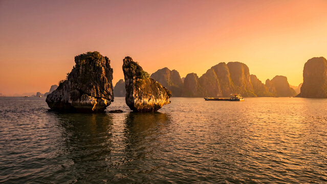 Karst islands and barge at sunset in Ha Long Bay Vietnam