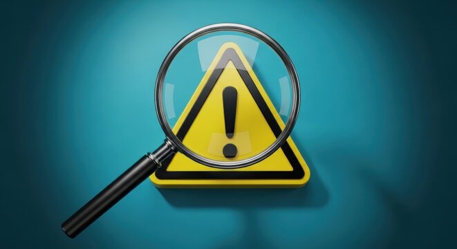 Warning sign with magnifying glass closeup.