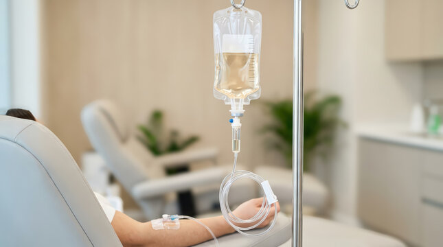 Intravenous iv drip bag delivering essential fluid to patient's arm in modern medical clinic for health, wellness, and therapeutic treatment