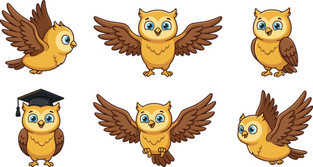 Naklejka premium Cute Cartoon Owl Character Set in Different Poses with Flying, Standing, and Graduation Cap Vector Illustration Isolated on White Background for Education and Kids Design Projects