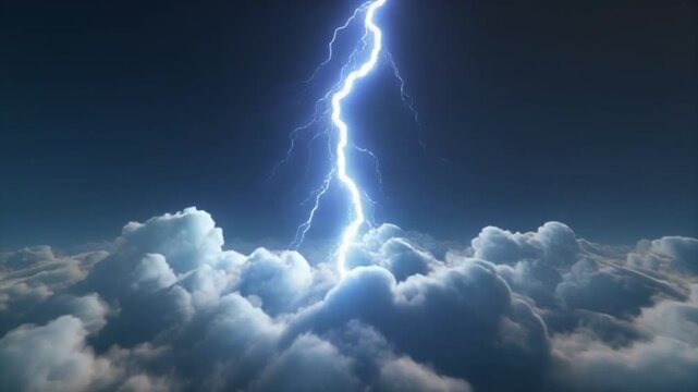 Dynamic 3D illustration of a single massive lightning strike illuminating sculpted clouds, rendered with atmospheric scattering, controlled cinematic lighting on a bright gradient backdrop