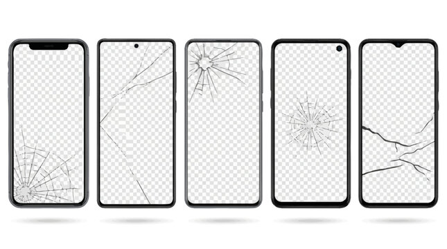 Realistic models smartphone with transparent cracked screens. Smartphone mockup collection. Device front view. 3D mobile phone with shadow on transparent background - stock ...