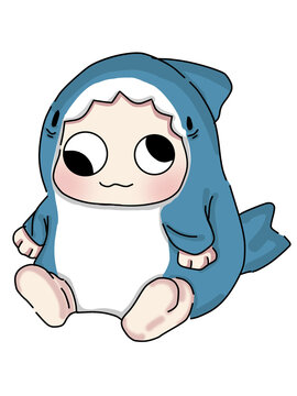 chibi doodle charachter in a shark costume with silly face