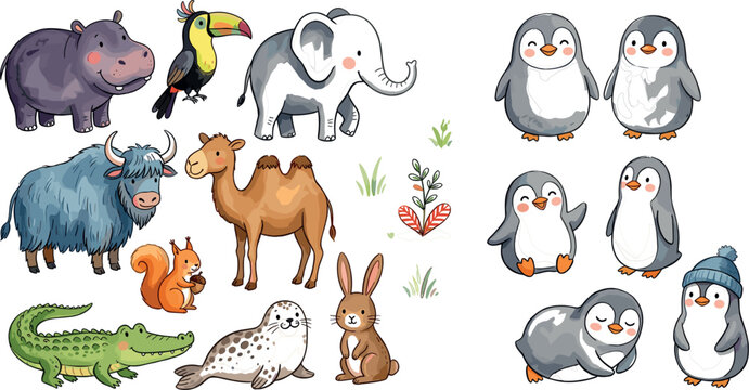 Cute Wildlife and Zoo Animal Vector Set Featuring Hippo, Toucan, Elephant, Penguin, Yak, Camel, Squirrel, Seal, Rabbit, and Crocodile in Cartoon Style