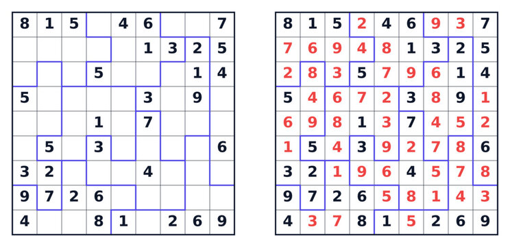 Sudoku puzzle grids with blue highlights and red numbers