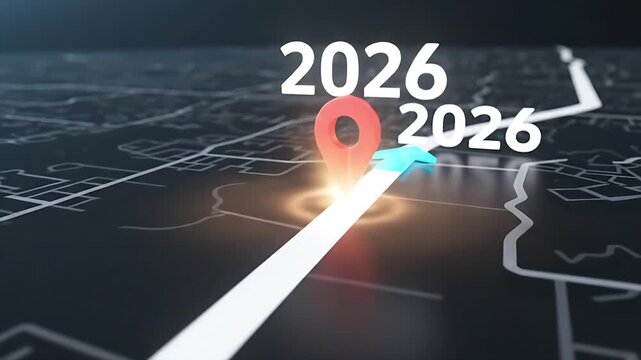 A map showing a route to the year 2026, with a marker pinpointing the future year and a clear path forward. The image conveys a sense of planning and progression towards a specific future goal