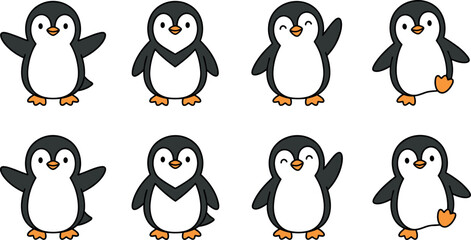 Cute Cartoon Penguin Vector Set Featuring Eight Penguins in Various Poses Including Waving, Standing, and Cheering in Playful Style © MDEsmayil