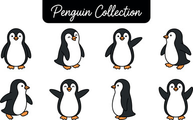 Naklejka premium Cute Penguin Vector Set Featuring Eight Penguins in Various Poses Including Standing, Waving, and Turning for Cartoon and Wildlife Designs