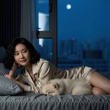 A young Asian woman lying on her bed with a small dog at night.