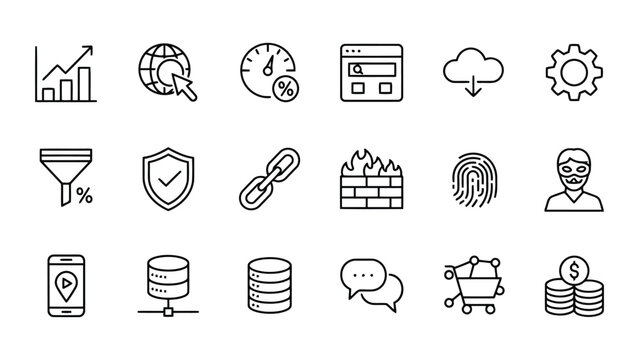 Data architecture and network security line icon set featuring search engine optimization and financial tracking symbols for modern enterprise web design