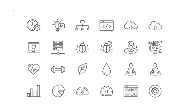 Technical outline icon set for software development and server infrastructure featuring web security and data analysis symbols