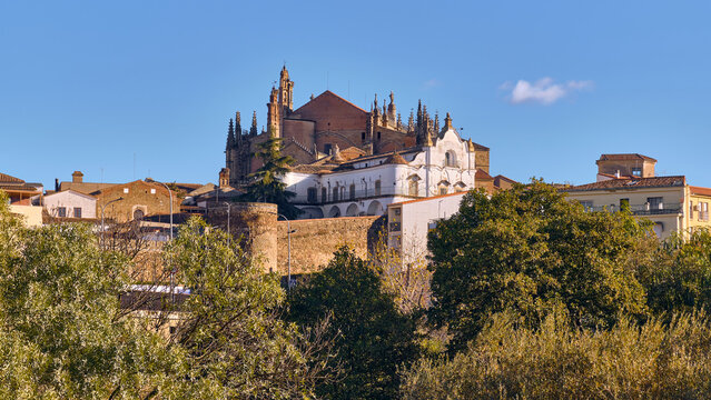 Plasencia, Spain - 03 December 2025: View of the Plasencia Cathedral complex with its gothic spires and stone walls rising above lush green trees under a clear blue sky.