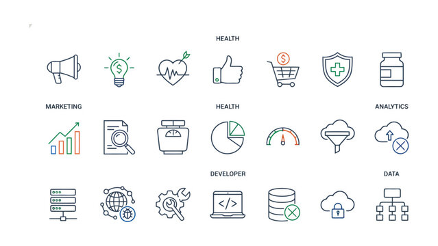 Business and health services icon set featuring marketing analytics developer tools and medical data symbols in professional thin line style isolated on white background for web development