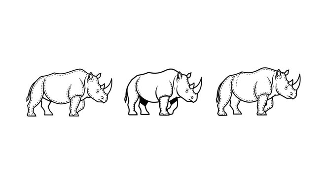 Three Rhinoceros Silhouettes in Simple Line Art Style.
