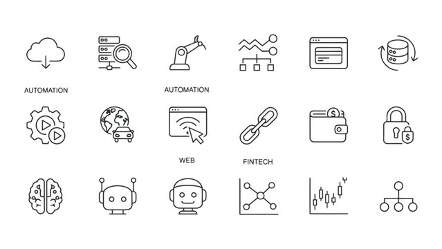 Professional set of linear black icons for web automation fintech and artificial intelligence application development isolated on a clean white background