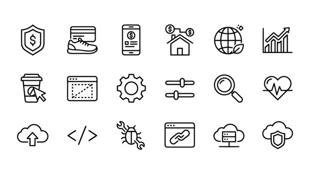 Fintech and digital technology line icons set for secure mobile banking applications and cloud infrastructure management services