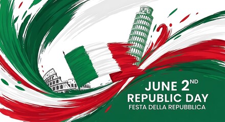 Italy republic day celebration background with italian flag, colosseum and leaning tower of pisa