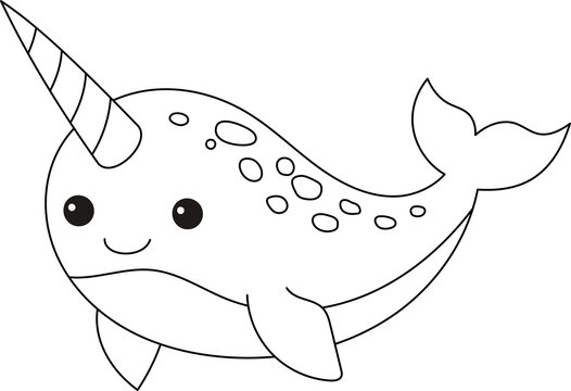 Narwhal line illustration with a sharp long tusk shape on its forehead