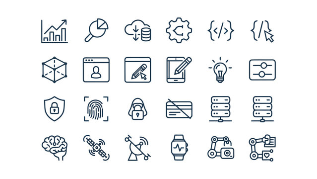Advanced technology and data security vector icon collection for software developers and cybersecurity professionals