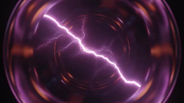 Close-up 3D macro video of a lightning arc forming inside a transparent atmospheric chamber, vibrant electric filaments dancing organically, soft light reflections, and smooth stabilized movement