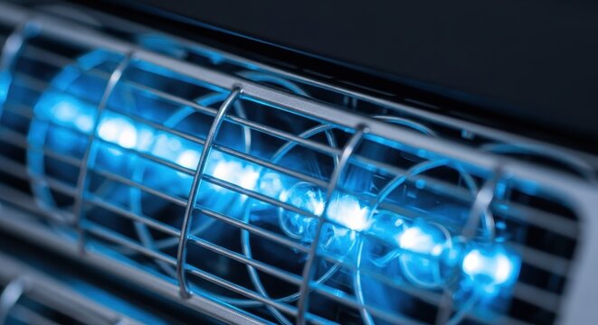 Close-up of an electric insect killer lamp with bright blue ultraviolet light attracting pests