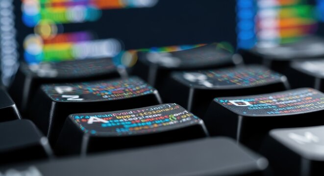 Close-up of a computer keyboard with colorful code displayed on its keys, showcasing digital programming and technology