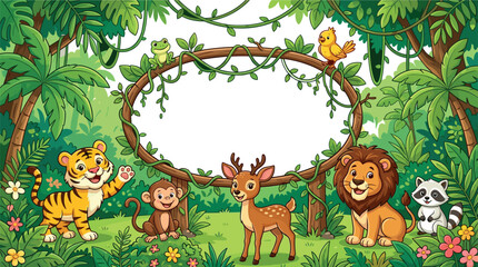Naklejka premium Cute Cartoon Jungle Animals with Tiger, Lion, Monkey, Deer, and Raccoon Around Vine Frame Vector Illustration for Kids, Nature, and Wildlife Design Projects