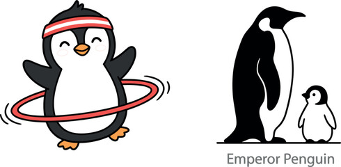 Cute Penguin Vector Set Featuring One Cartoon Penguin with Hula Hoop and One Emperor Penguin with Chick in Playful and Minimal Style © MDEsmayil