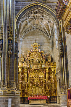 Plasencia, Spain - 03 December 2025: View of the ornate golden altarpiece of the Catedral Nueva de Plasencia with its intricate carvings and vaulted stone ceiling.