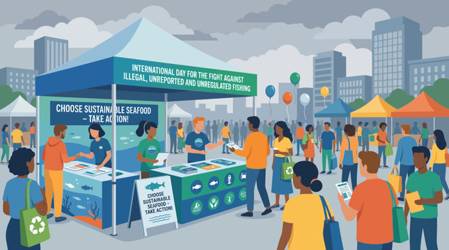 Sustainable seafood awareness event in a busy city square illustration