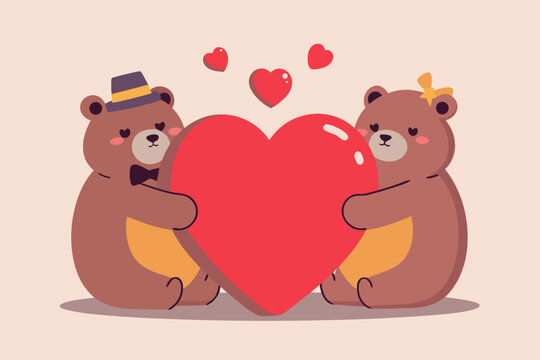 Two adorable bears share a large red heart symbolizing love and affection