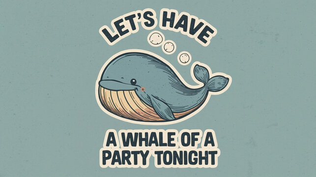 vector illustration blue whale with letter " let's have a whale a party tonight "