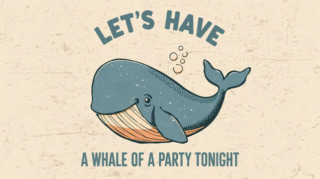 vector illustration blue whale with letter " let's have a whale a party tonight "