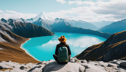 Fototapeta premium A woman wearing a hat and backpack sits on a rocky cliff viewing a bright blue alpine lake and mountains