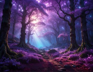 Fototapeta premium Glowing Purple Forest Path Winding Through Mystical Moonlit Woodland