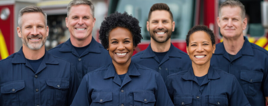 Firefighter fire station fire truck uniform group portrait us labor day celebration with smiling firefighter team uniform fire station near fire