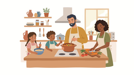 Multicultural family cooking together in a bright home kitchen preparing a meal.