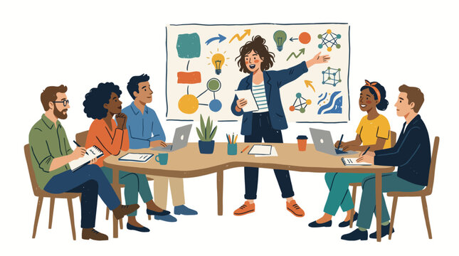 Business team brainstorming meeting with diverse colleagues and creative presentation.