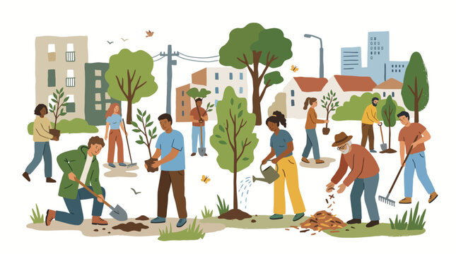Community volunteers planting trees in an urban park for environmental restoration and green renewal.